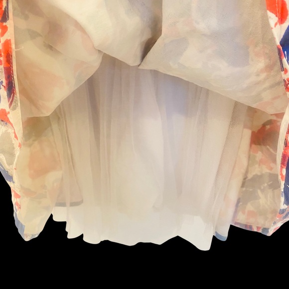 Dress Floral Size 10 Fit Flare Belted Blue Red White Flowers Zip Tulle Lined - Picture 7 of 13